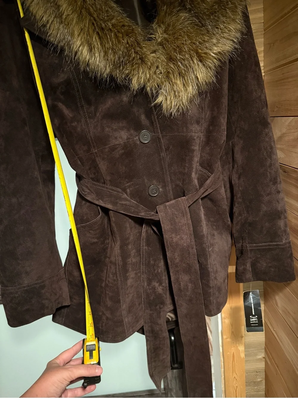 INC International Concepts Dark Brown Trench Coat with Faux-Fur Collar - Picture 5 of 6